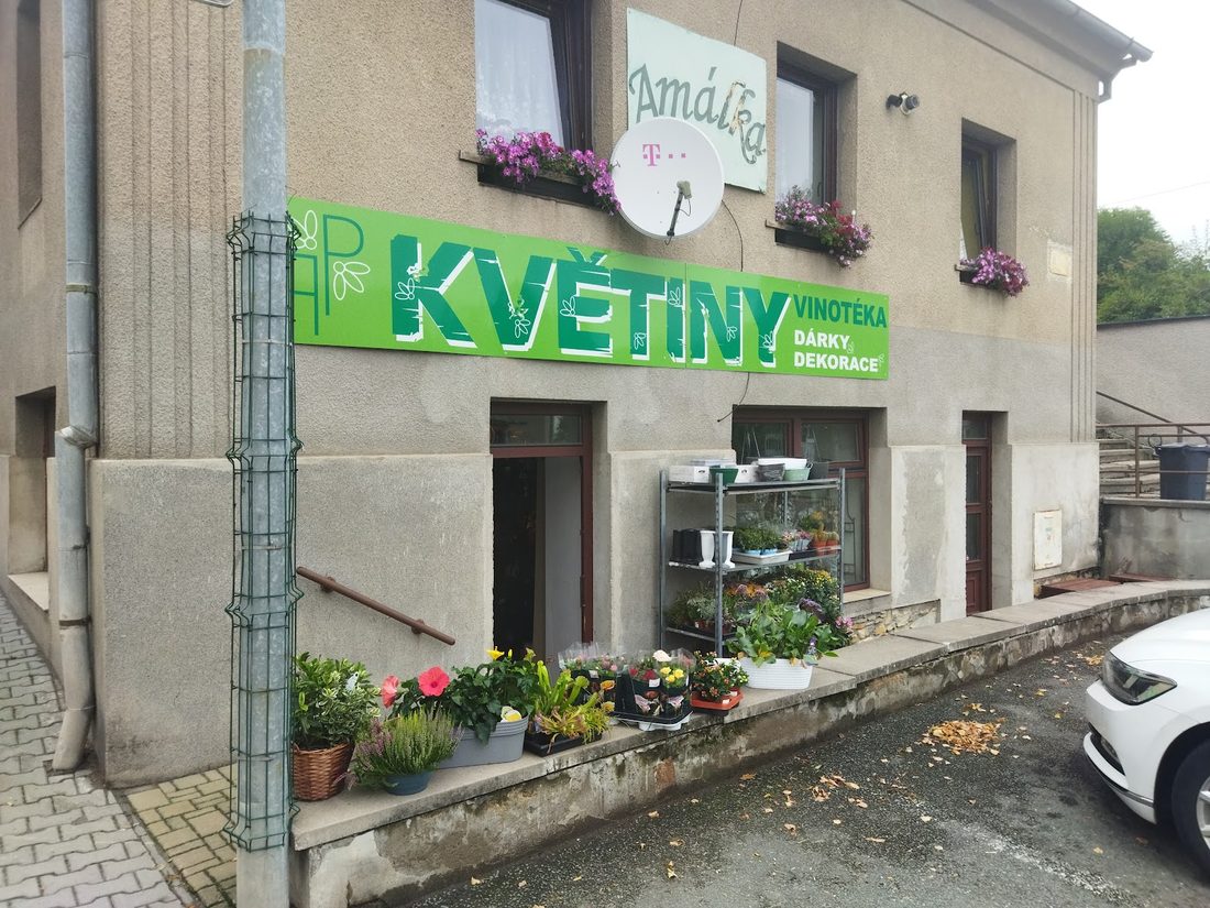 Prodejna se zeleným nápisem Květiny, vinotéka, dárky, dekorace, před vchodem květiny v květináčích